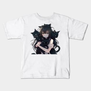 Anime Girl Hugging Many Black Cats Kids T-Shirt